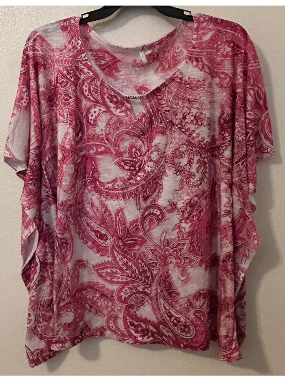 Pink & White Paisley Print Women's Blouse Size 22/24 Poncho Batwing Short Sleeve - Picture 1 of 9